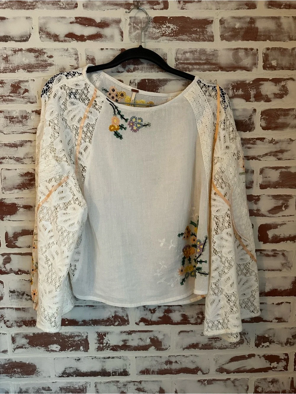 Free People Paris Picnic White Embroidered Lace Bell Sleeve Tunic